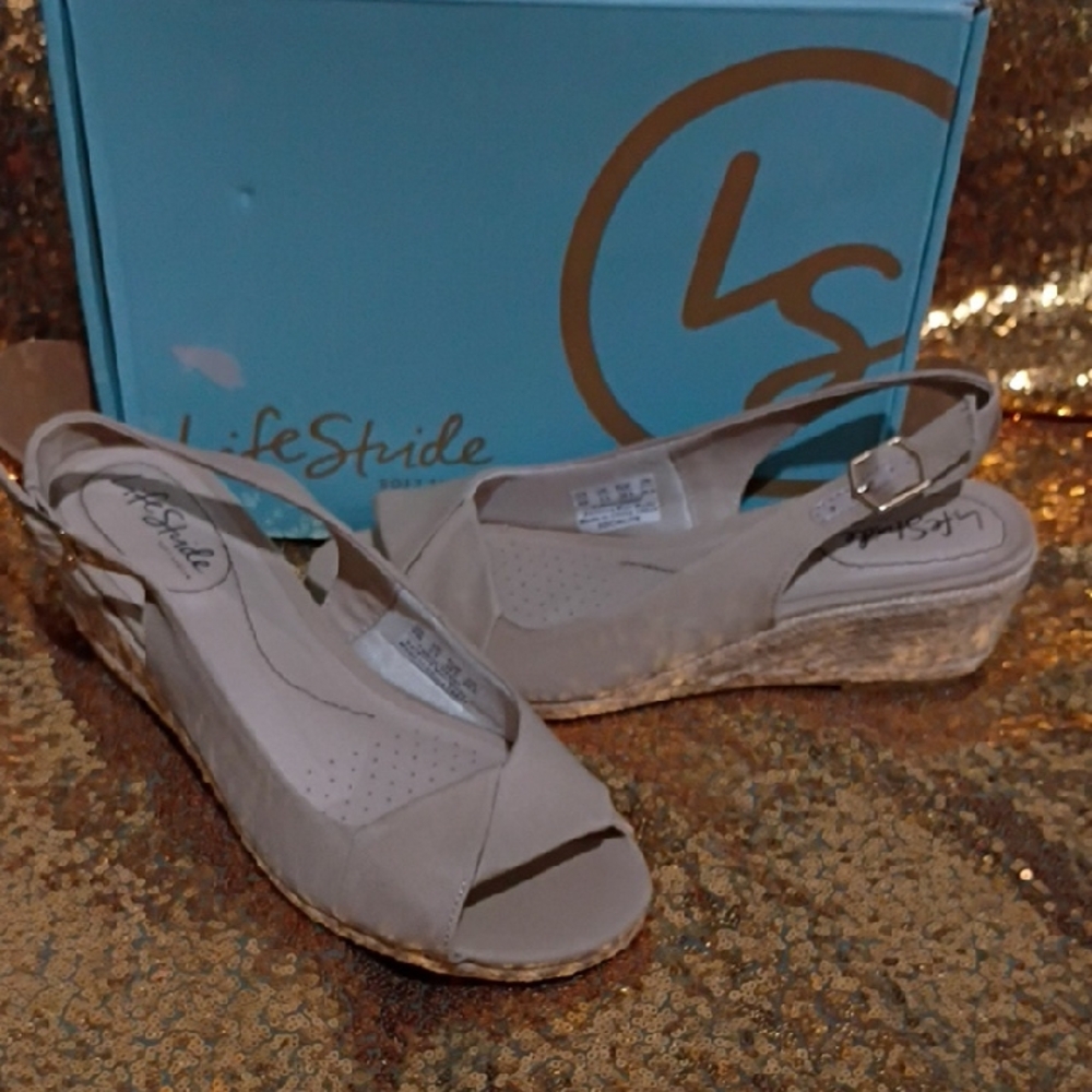 Life Stride Taupe Open-Toe Wedge Sandals